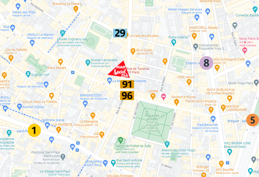 carte du marais avec le MAIF Social Club et les accès en métro et bus les plus proches