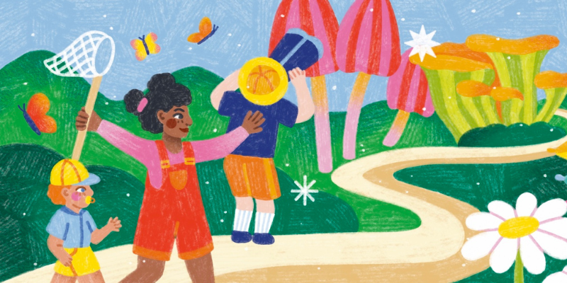 Dessin avec des enfants qui explorent un monde enchanté