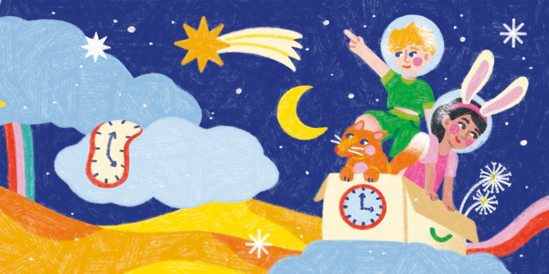 Dessin du petit prince danse une boite en carton avec un renard et une petite fille 