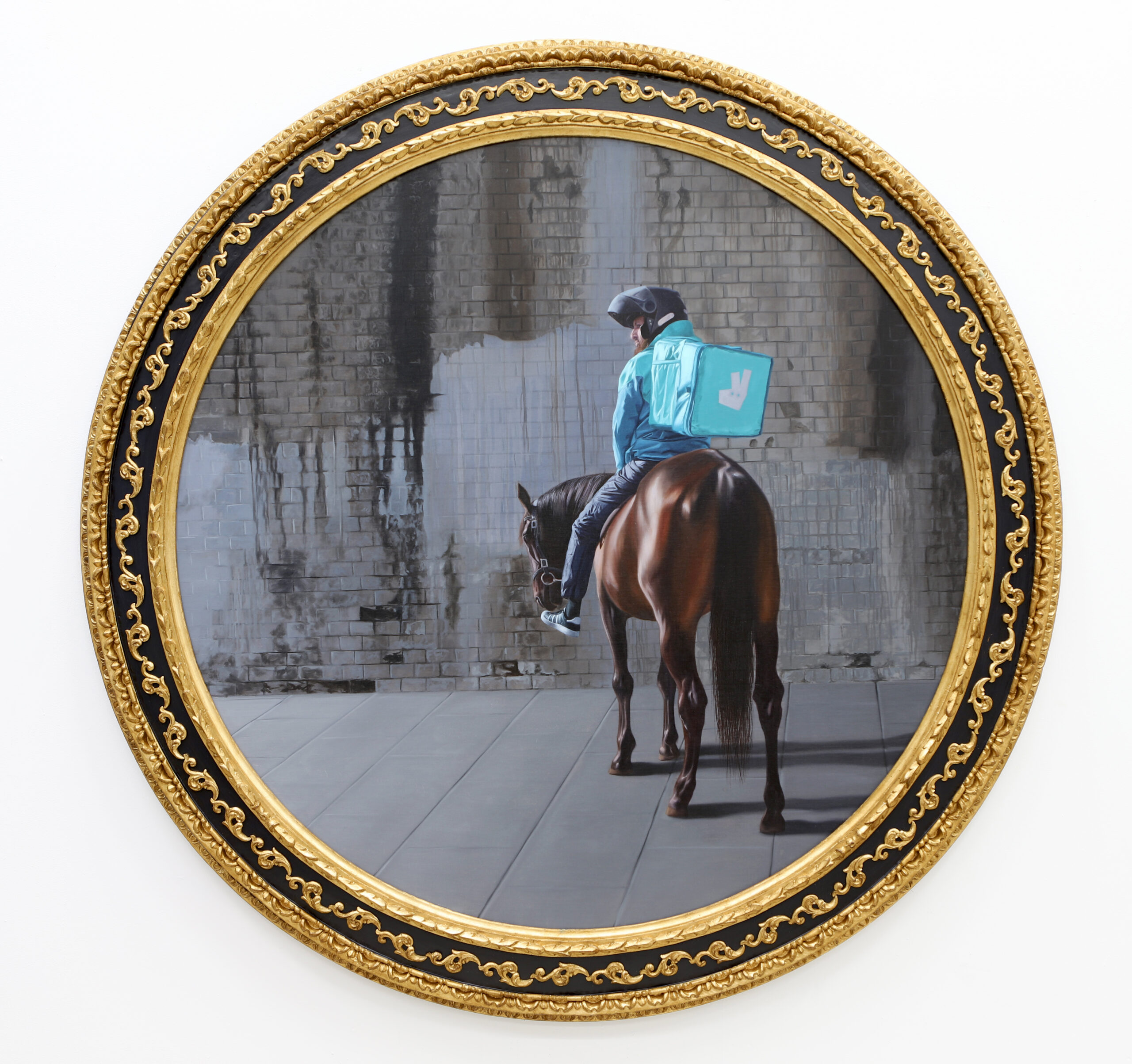 Peinture ronde : livreur à cheval